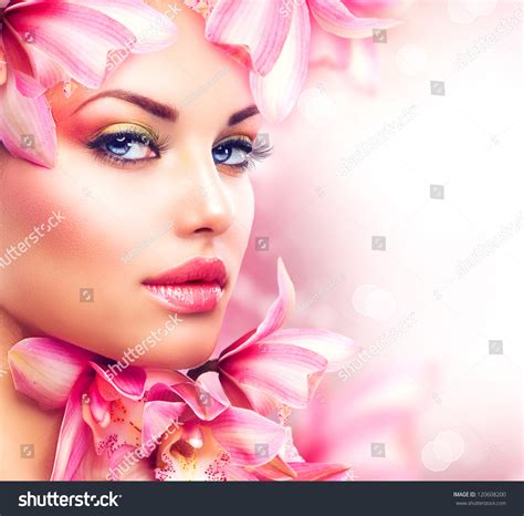 Beauty Girl Orchid Flowersbeautiful Model Woman Stock