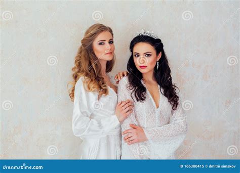 Two Girls In The White Lingerie Blonde And Brunette Stock Image Image Of Adult Fashion 166380415