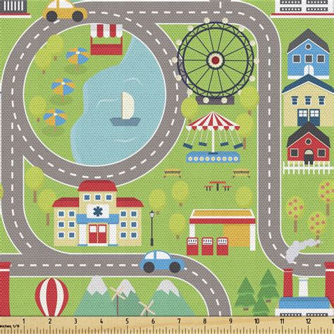 Car Race Track Fabric By The Yard Cartoon Design Summer City Amusement