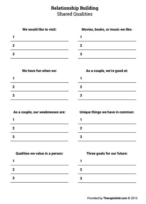 Relationship Building Shared Qualities Worksheet