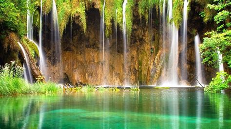 Waterfalls Pouring On River Surrounded By Green Trees Forest Reflection