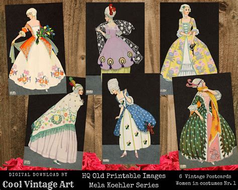 6 Vintage Postcards Women In Costumes Fashion Art Digital Etsy