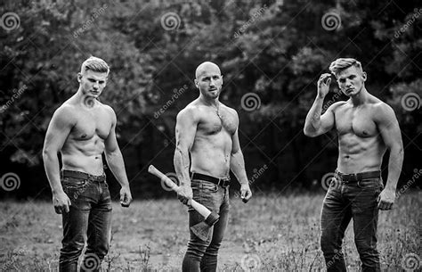 Taking Break Brutal Guys Pose With Naked Torso Handsome Guys With Body Sports And Leisure