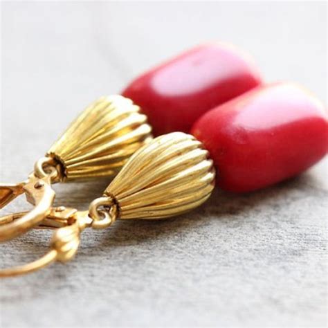 Red Earrings Red Coral Stone Earrings Coral Jewellery In Gold At 895