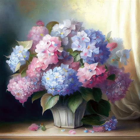 Pink And Blue Hydrangeas Flowers Bouquet In A Vase Still Life