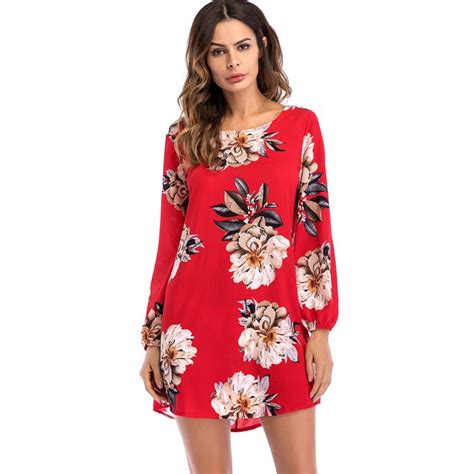Womens Sexy O Neck Floral Print Loose Dress 2019 Spring Long Sleeved Backless Bow Elegant Dress