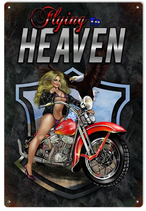 Flying To Heaven Motorcycle Pin Up Girl Garage Shop Metal Sign 12x18