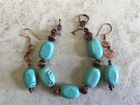 Turquoise Magnesite And Copper Bracelet And Earring Set Etsy