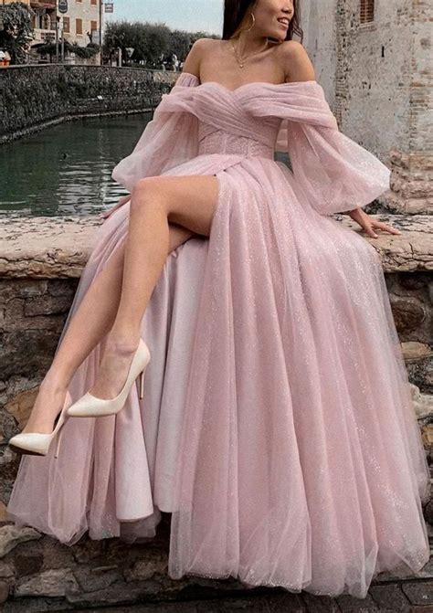 Princess Off The Shoulder Sweep Train Tulle Prom Dress With Pleated