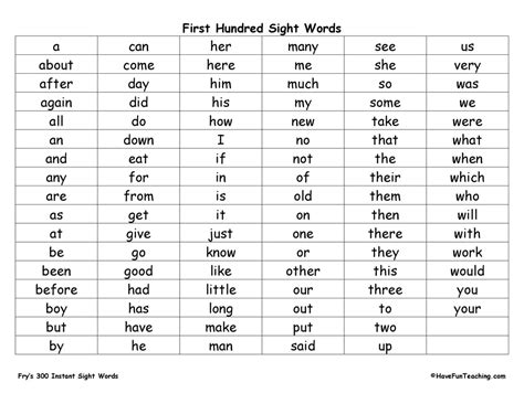 Frys 300 Sight Words List High Frequency Words Activities Word Work