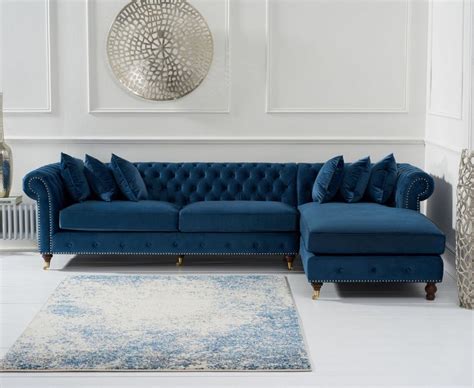 Blue Velvet Chaise Corner Sofa Right Facing Homegenies