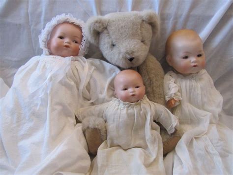 Collection Of 3 Antique German Am Bisque Baby Dolls W Cloth Bodies