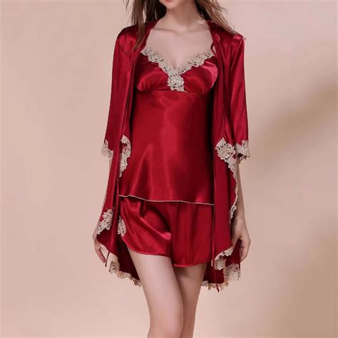 Women Satin Silk Pajamas Red Three Piece Pyjama Sets Lace Embroidery