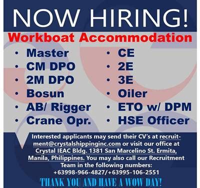 Navigation & shiphandling expertise has ultimately responsible for the total operationof the yacht.manages the owner's asset and ensure all guests onboard have an enjoyable experience.he watchkeeping mate, able seaman. Hiring Workboat Accommodation Crews (Philippines) - Seaman jobs | Seafarer Jobs | Maritime ...