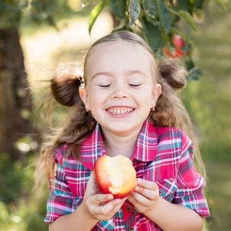 Girl With Apple In The Apple Orchard Stock Photo Image Of Harvest