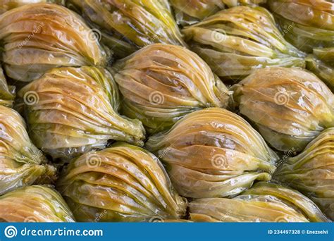 Pistachio Baklava Turkish Dessert Mussel Baklava Close Up Stock Photo
