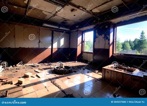 Realistic Photo Of Destructed Broken Room Interior Stock Illustration