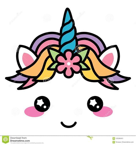 Kawaii Cute Unicorn Face Rainbow Pastel Color With Flower Stock Vector