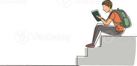Continuous One Line Drawing Modern Young Man Reading Book Sitting On