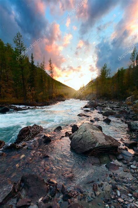 Sunset And Mountain River Stock Photo By ©sergeytimofeev 24426245