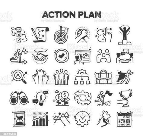Action Plan Related Hand Drawn Vector Doodle Icon Set Stok Vektör