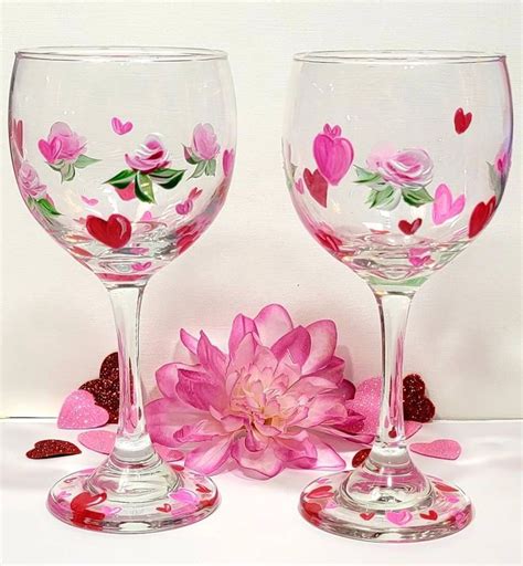 Hand Painted Valentine S Day Hearts And Roses Wine Glass Set Pink And Red Hearts Glass Decor