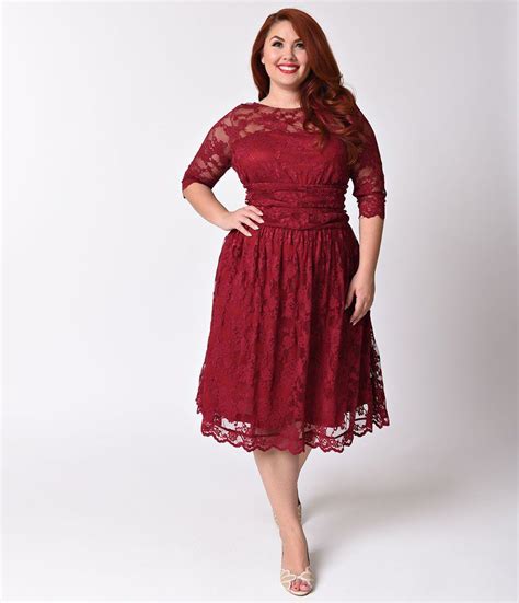 Plus Size Rose Wine Red Luna Lace Half Sleeve Swing Dress Red