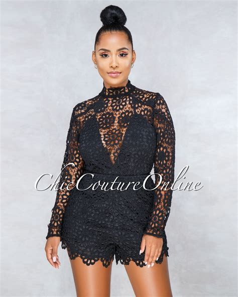Chic Couture Online Valery Black Crochet Overlay Long Sleeves Romper