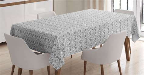 Grey And White Tablecloth Vintage Flourishing Flowers With Traditional