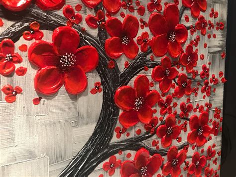 Red Cherry Blossom Tree Painting Large Impasto Abstract Art Original