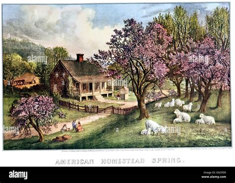 American Homestead Spring Currier And Ives 1869 Stock Photo Alamy