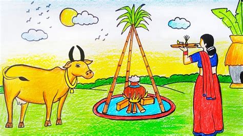 Pongal Festival Drawinghow To Draw Pongal Cow And Pot For Beginners