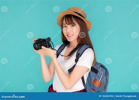 Beautiful Young Asian Woman Smiling Is Journey Photographer Wear