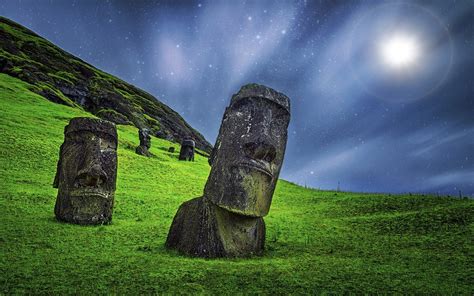 1920x1200 Enigma Nature Landscape Moai Sculpture Starry Night Grass