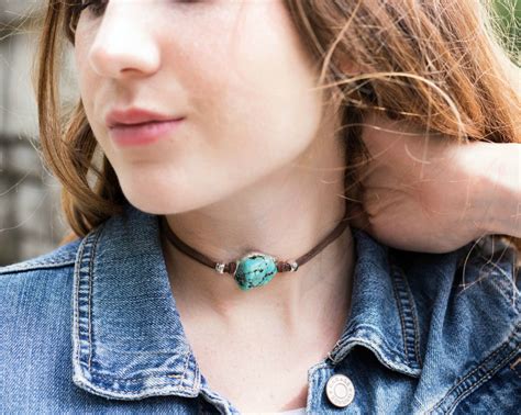 Raw Stone Necklace Leather Choker With Turquoise Stone Leather Choker