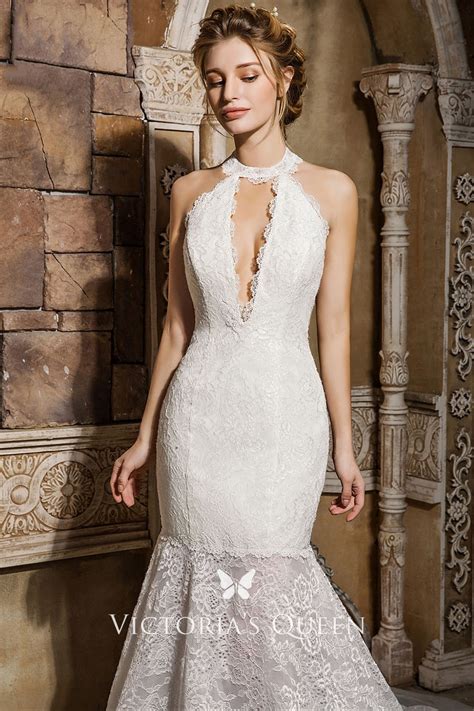 Buy the best boho lace wedding dresses and long sleeve wedding dresses at tulipbridal.com. Scalloped Plunging Bodice Lace High Neckline Dropped Waist ...