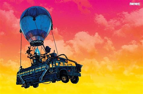 The transport bus is attached to a huge balloon and moves across the entire map at the start of every game, allowing players to jump from it and start their hunt. Fortnite - Battle Bus Landscape