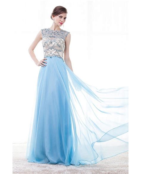 Vintage Sleeveless Prom Dress Sky Blue With Rhinestone Bodice H76050