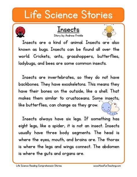 Teacher worksheets for your science classes of all grade levels. Reading Comprehension Worksheet - Insects | Science ...