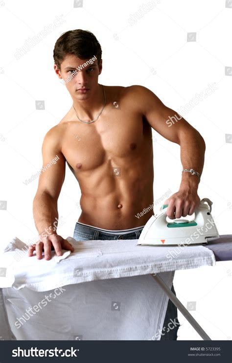 Naked Muscular Man Ironing Shirt Isolated Stock Photo Hot Sex