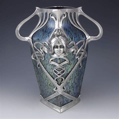 Titus Omega Loetz Art Nouveau Iridescent Glass Vase With Mucha Maiden Pewter Mount