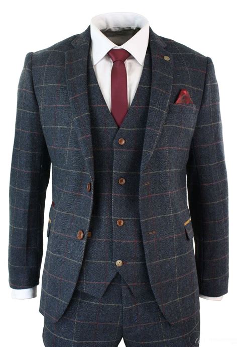 Mens Navy Blue Wine Check Herringbone Tweed Vintage 3 Piece New Marc