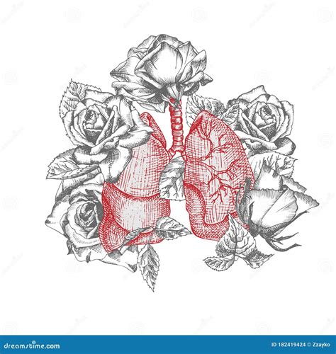 Lungs With Bouquet Roses Realistic Hand Drawn Icon Of Human Internal