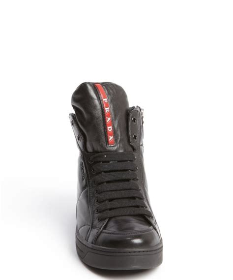 Lyst Prada Black Leather Zipper Detail High Top Sneakers In Black For Men