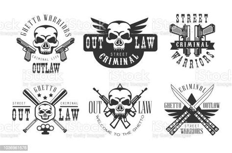 Vector Set Of Original Emblems Related To Criminal Life Monochrome