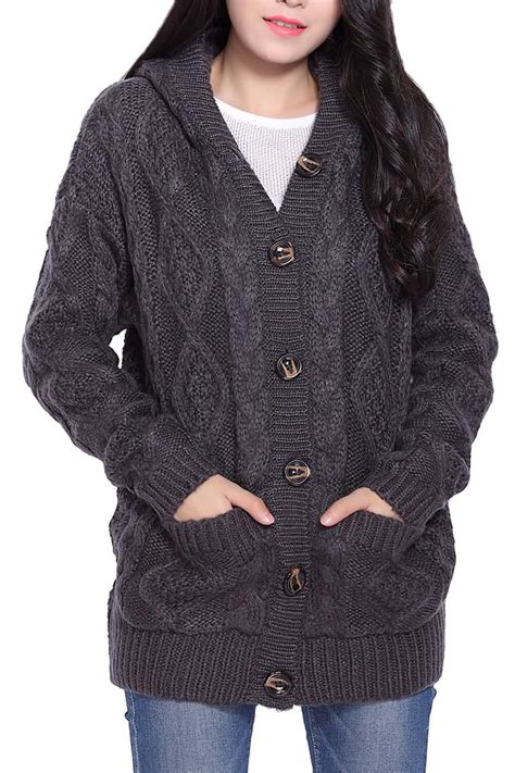 Deep Gray One Size Cable Knit Hooded Cardigan
