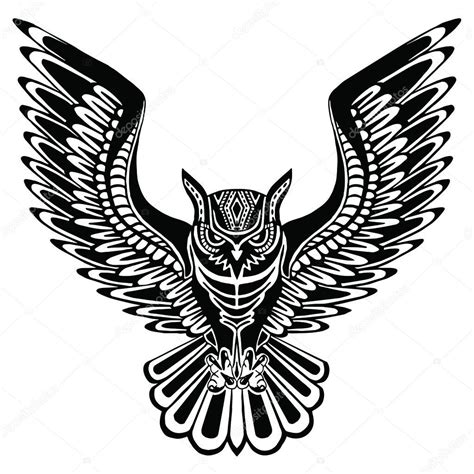 Flying Owl Black Silhouette With A Pattern On The Body — Stock Vector