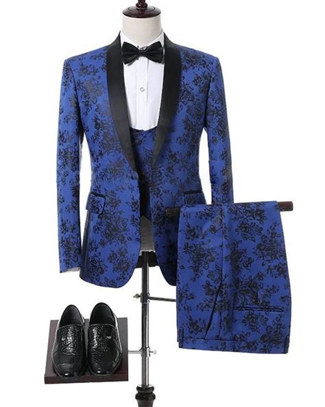 Classic Royal Blue Flower Wedding Suits For Men Jacquard Blazer Groom