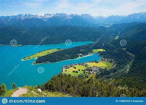 Idyllic Spring Landscape In The Bavarian Alps View To Lake Walchensee