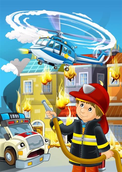 Cartoon Stage With Fireman Fire Fighting Near Some Building Smoking Illustration Stock